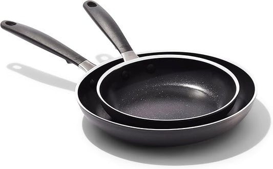 OXO Non-Stick Every Day Frying Pan Set, BPA-Free Comfort Grip Silicone Handles, Dishwasher & Oven Safe, PFAS-Free Ceramic Skillets, Black, 8” & 10”
