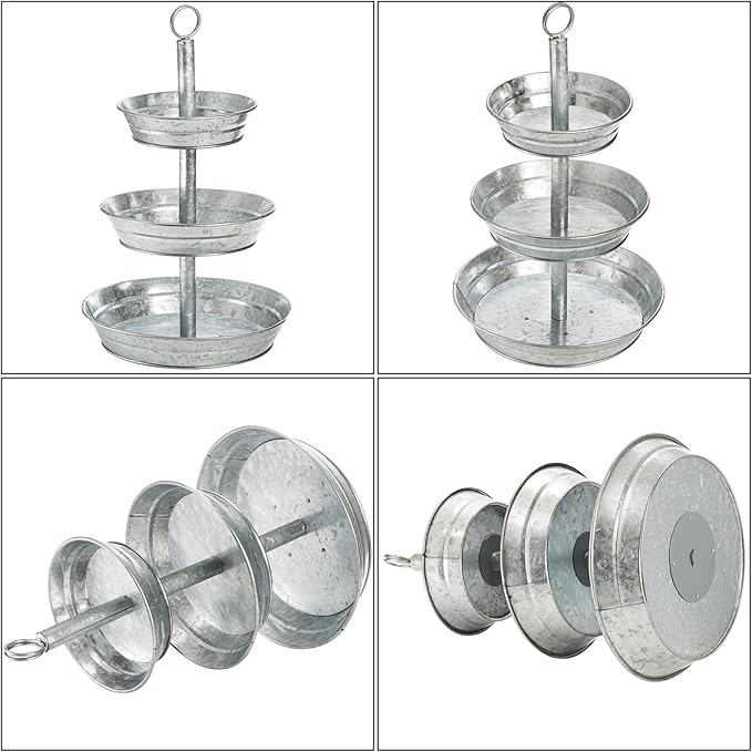 Okllen 3 Tier Serving Tray, Galvanized Metal Cupcake Stand Vintage Dessert Appetizer Stand, Rustic Home and Garden Display Stand for Country Farmhouse, Kitchen, Indoor, Outdoor Use