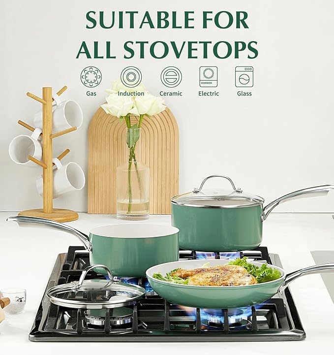 KOCH SYSTEME CS Nonstick Sauce Pan with Lid 1QT, 2QT & 3QT, Ceramic Saucepan Set 6Pcs, Non-Toxic Saucepan Set, Cooking Pots Set, Oven Safe & Induction Compatible, Green