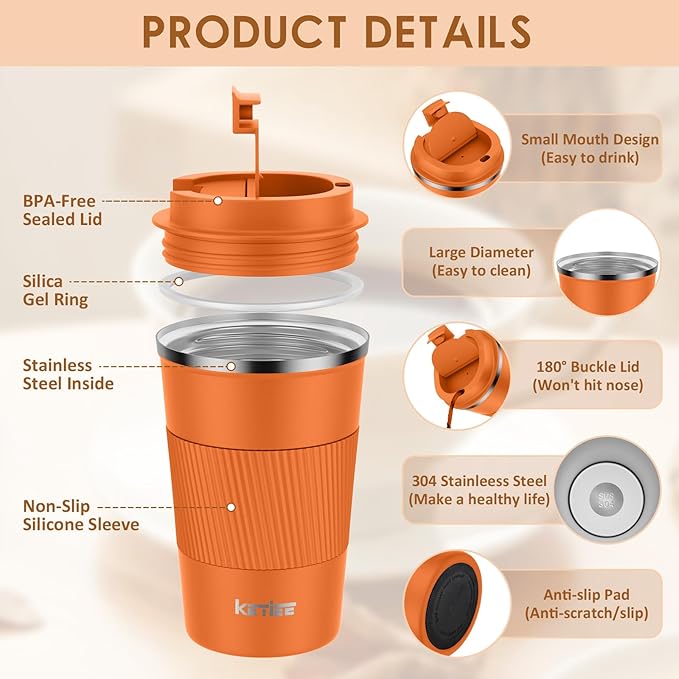 KETIEE 12oz Insulated Travel Mug, Vacuum Stainless Steel Double Walled Reusable Coffee Cup with Leakproof Lid, Travel Tumbler Coffee Mug to Go for Hot and Iced Tea Water (Orange)