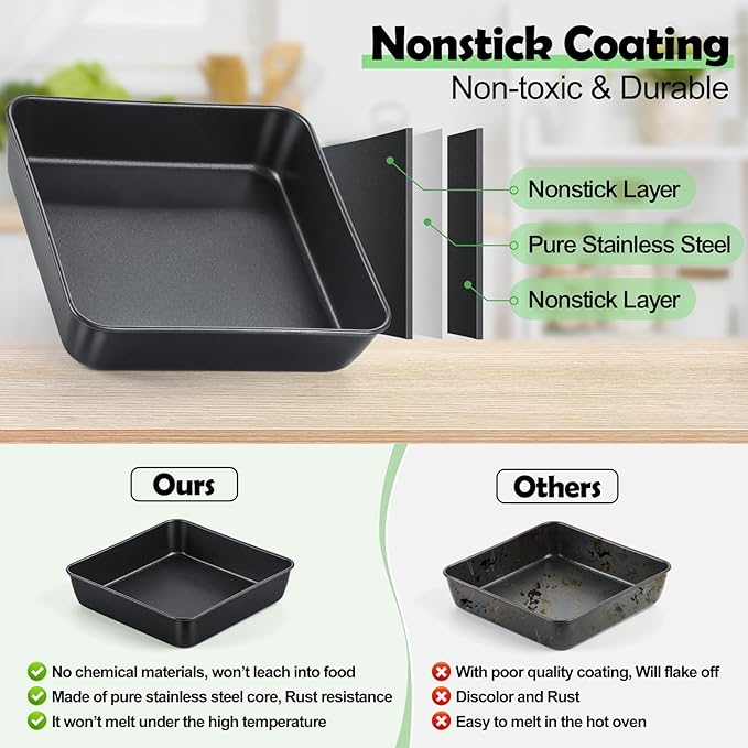 TeamFar Non-Stick Square Cake Pan, 9 Inch Square Baking Roasting Pan for Oven, with Stainless Steel Core for Cooking Cake Brownie Lasagna, Non-Toxic & Heavy-Duty, Release & Clean Easily