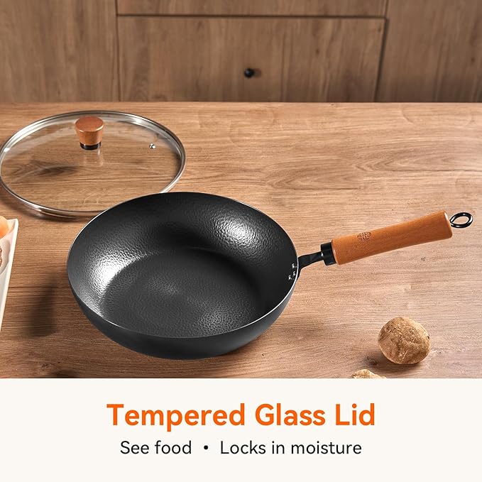WANGYUANJI 11" Iron Skillet with Glass Lid & Griddle Spatula, Flat-Bottom Frying Pan, Uncoated & Unseasoned, Induction/Gas/Electric Compatible, Wooden Handle (Seasoning Required)