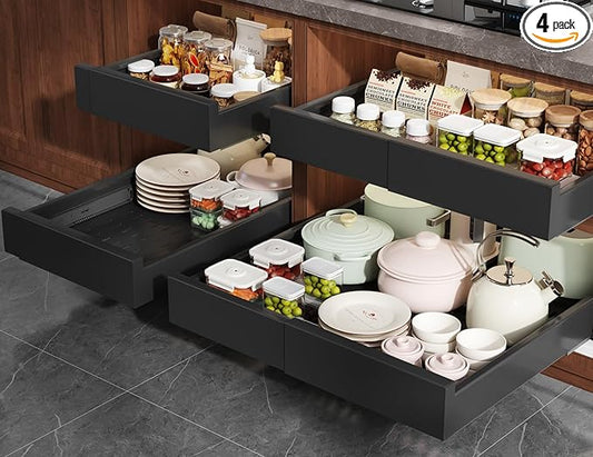 4 Pack Pull Out Cabinet Organizer Expandable Width(13"-21") and Depth(17"-24"),Slide Out Drawers With Raising Pad for Framed Cabinets,No Drill Roll Out Shelves for kitchen,Bathroom,Black