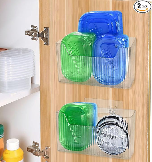2 Pack Adhesive Cabinet Door Organizer Storage Caddy, Clear Lid Organizer Inside Cabinet Wall Mounted Pantry Door Caddy for Food Container Lid Kitchen Under Sink Basket (Clear)