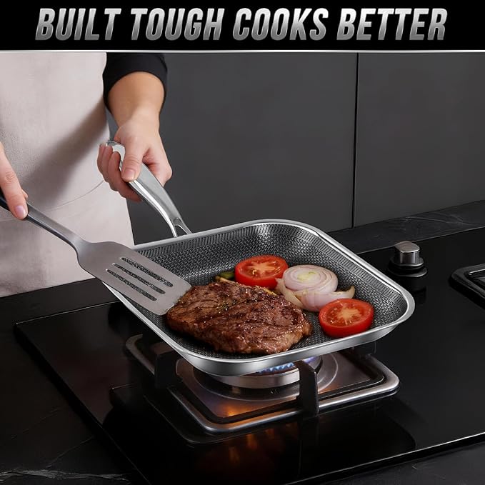 Non Stick Stainless Steel Skillet,12 Inch Square Frying Pan, Nonstick Grill Pan for All Stoves, Oven Dishwasher Safe, PFOA Free