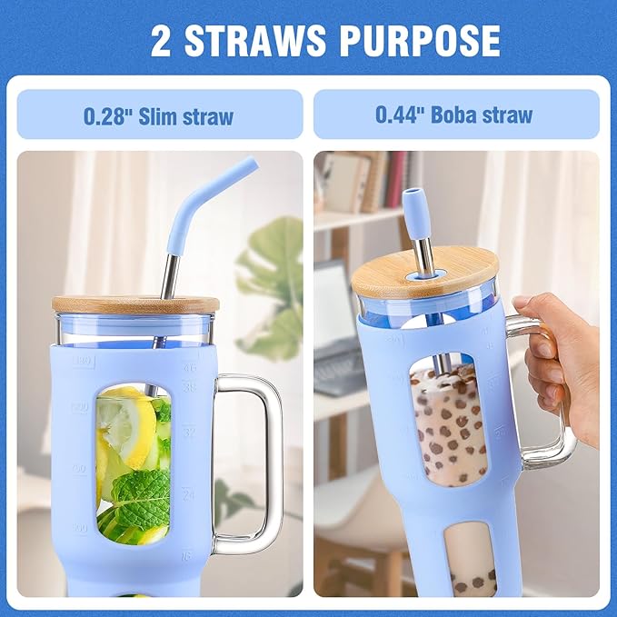 Glass Tumbler with Lid and Straw, 46 oz Iced Coffee Cup with Handle, Large Water Bottles with Silicone Sleeve, Glass Cup with Straws - Pearl Straw & Drinking Straw BPA Free-Glacier