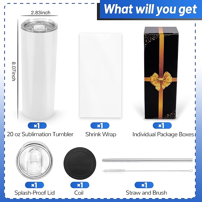Joyclub Sublimation Tumblers Blanks 20 oz Skinny Straight Tumblers Bulk Stainless Steel Insulated Sublimation Cups with Lids and Straw, Gift Box