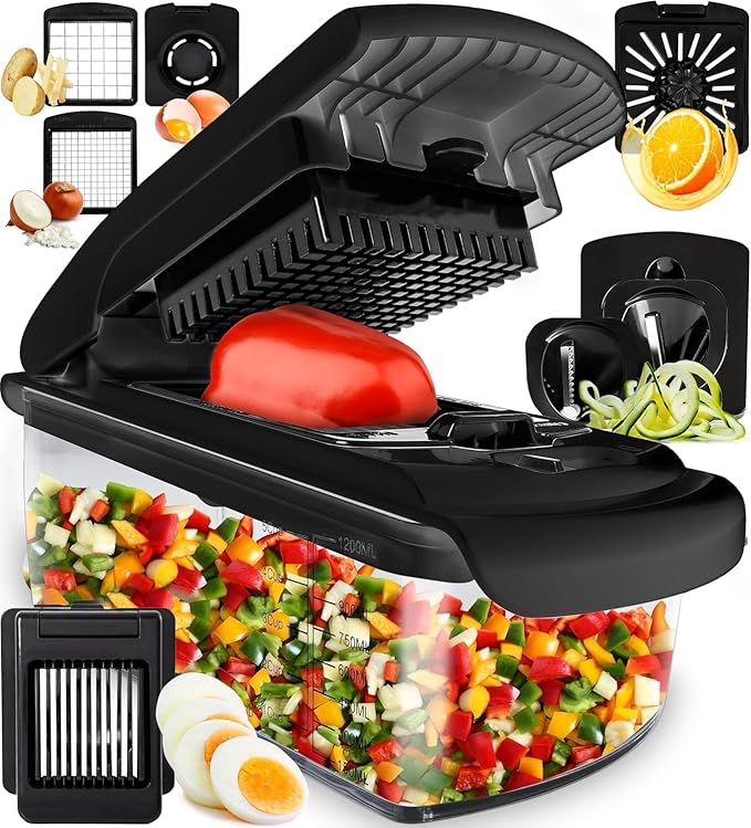 Fullstar Vegetable Chopper & Mandoline Slicer for Kitchen - Food Chopper with Container, Cheese Grater, Home Essentials & Kitchen Gadgets (8 in 1, Black)