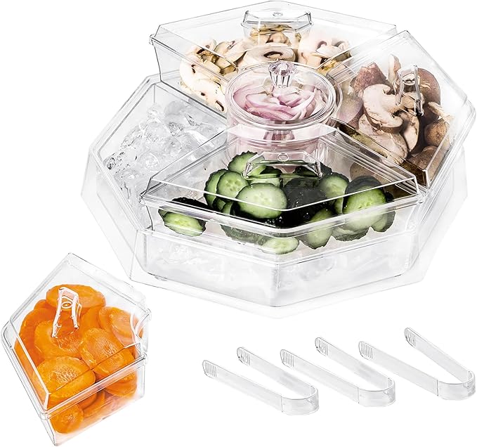 IVYHOME Ice Serving Lazy Susan, Chilled Food Containers with 4 Removable Dishes and Smooth Rotating Tray, Condiment Server with Separate Lids, for Bar Accessories, Fruit, Salad, Taco, Party Garnish