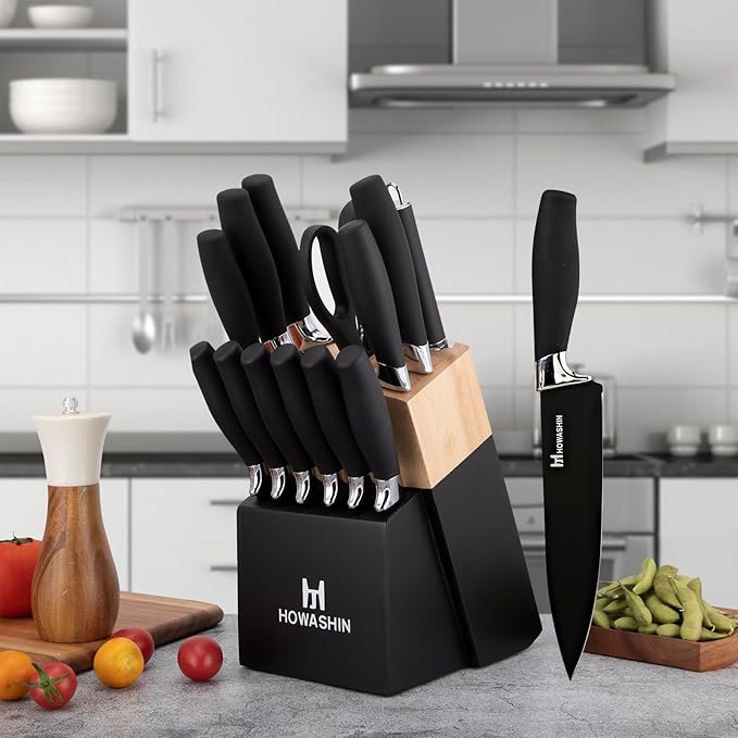 Black Knife Set, Howashin 15 Pieces Knife Sets for Kitchen with Block, Dishwasher Safe Kitchen Knife Set with Sharpener, German Stainless Steel Black Knife Block Set