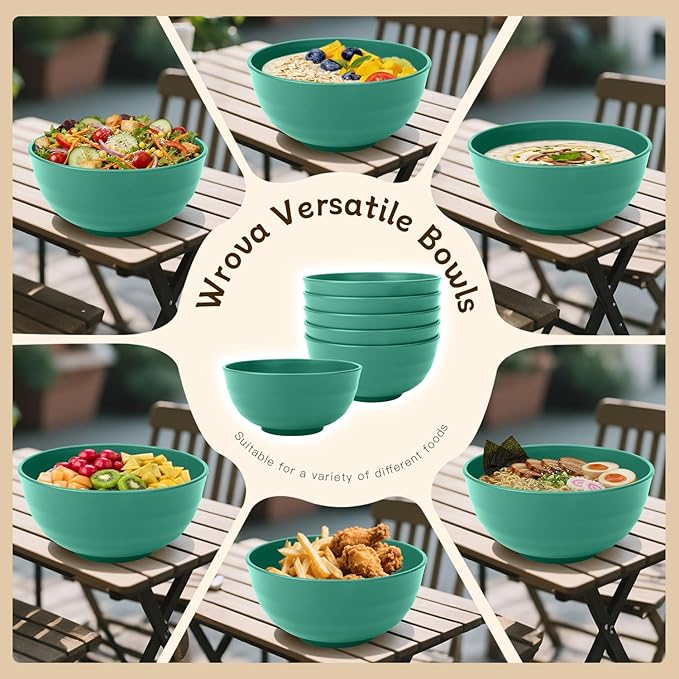 Wrova Wheat Straw Bowls 60oz, Unbreakable Large Cereal Bowls Set of 6, Plastic Bowls Reusable Salad Soup Bowls Microwave Safe, Big Bowl for Kitchen and Apartment, Large Bowls for Eating- Green