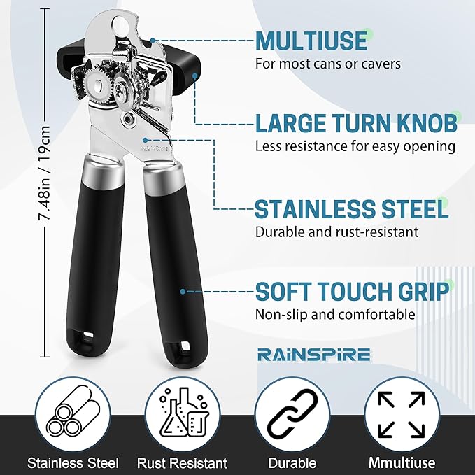 Rainspire Upgraded Can Opener Manual with Bottle Opener Smooth Edge Cut, Can Opener Heavy Duty, Comfortable Soft Handle, Built-in Bottle Opener, Black