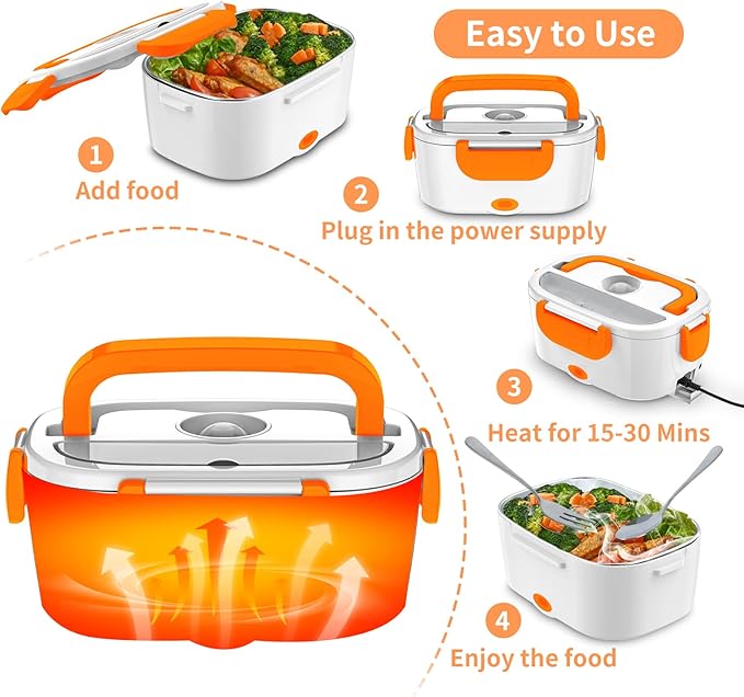 Electric Lunch Box, Food Warmer Heater 12V 24V 110V, 80W Faster Heated Lunch Box for Car/Truck/Home Portable Heating Boxes with 1.5L 304 SS Container Fork & Spoon, White+Orange