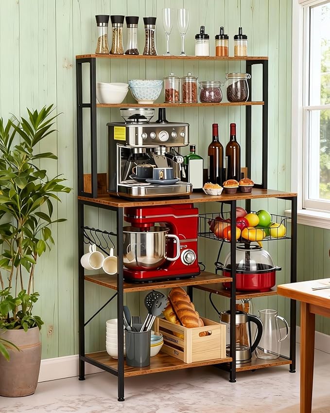 IDEALHOUSE Kitchen Bakers Rack with Power Outlets, 5-Tier Microwave Stand with 2 AC Outlets, USB & Type-C Ports, Coffee Bar Station with 6 S-Hooks and Basket, 35.43 x 15.75 x 60 Rustic Brown