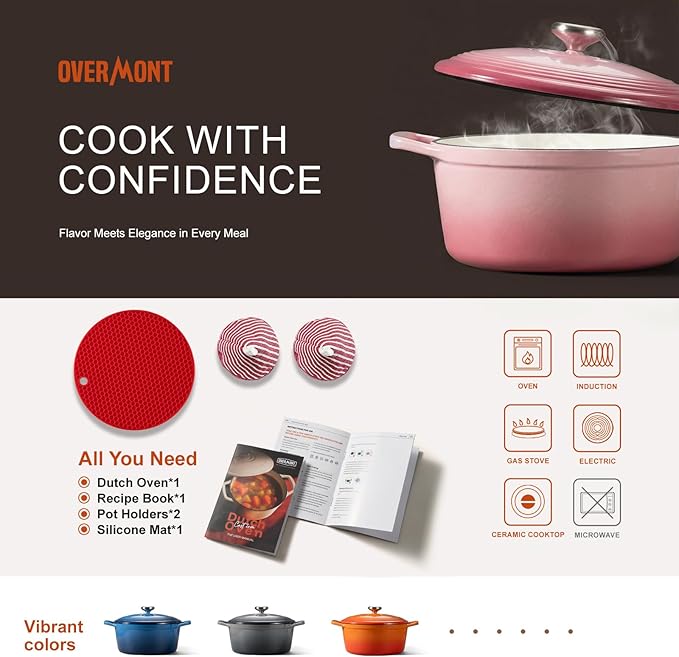 Overmont Enameled Cast Iron Dutch Oven - 5.5QT Pot with Wide Handles Lid Cookbook & Cotton Potholders - Heavy-Duty Pre-Seasoned Cookware Oven Safe to 500°F for Braising, Stews, Roasting, Bread Baking