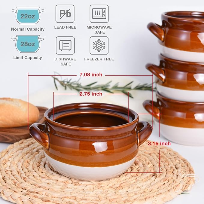 French Onion Soup Bowls with Handles, 28 oz Ceramic Soup Crocks Oven Proof Soup Bowls for Chilli, Cereal, Pot Pies - French Onion Soup Crocks, Oven, Broil & Dishwasher Safe, Set of 4