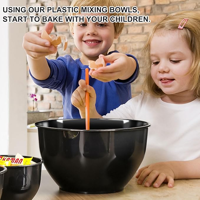 Plastic Mixing Bowls with Lids Set for Kitchen, Nesting Bowls for Mixing, Baking, Prepping, Cooking and Serving Food, Mixing Bowls Dishwasher, Microwave Safe (Black)