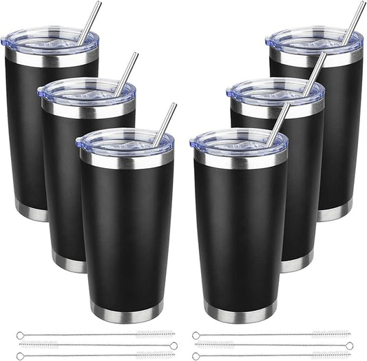 20 oz Tumbler with Lids and Straws, Stainless Steel Insulated Travel Coffee Mug, Double Wall Vacuum Insulated Tumblers, Powder Coated Coffee Tumbler for Cold & Hot Drinks (Black,6pack)