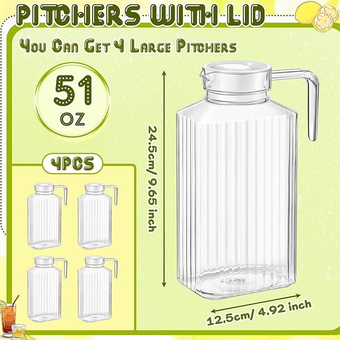 Panitay 4 Pcs 51 Ounces Plastic Pitcher with Lid Clear Acrylic Refrigerator Safe Pitcher Shatter Proof Juice Containers with Lids for Water Milk Sangria Lemonade Cold Drinks