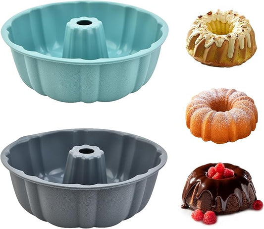2 Pack Silicone Cake Pan Nonstick,10 Inch, Silicone Cake Molds,Pound Cake Pan, Baking for Jello,Gelatin,Cake,Brownie and Bread (Grey+Blue)