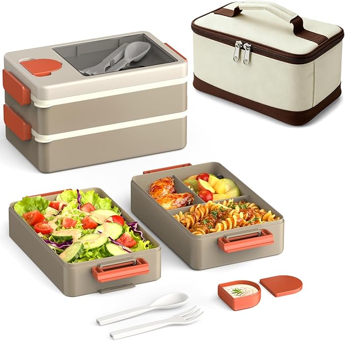 Adult Lunch Box – Bento Box & Lunch Containers for Adults, Stackable, Leakproof, Microwave Safe, Portable Lunchbox for Work, Travel, Meal Prep, Durable & Easy to Carry (Khaki)