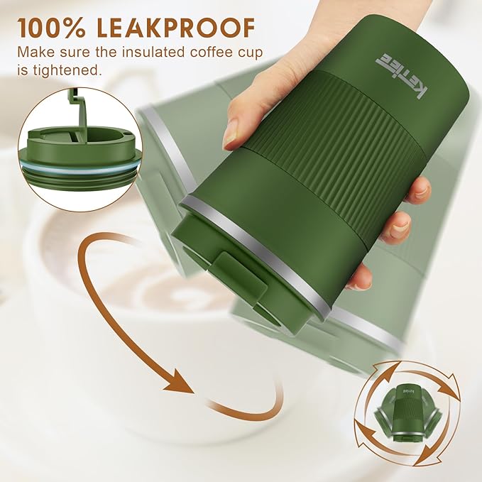 KETIEE Travel Coffee Mug 12oz: Vacuum Insulated Coffee Cup with Leakproof Lid, Coffee Tumbler, Reusable Coffee Cups, Double Wall Stainless Steel Coffee Mug to Go for Hot/Iced Water Tea (Green)