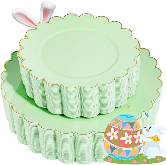 LIYH 60 Pcs Light Green Plastic Plates with Gold Edges, Disposable Sage Green and Gold Plastic Plates Includes: 30 Dinner Plate 10.25 Inch and 30 Dessert Plate 7.5 Inch