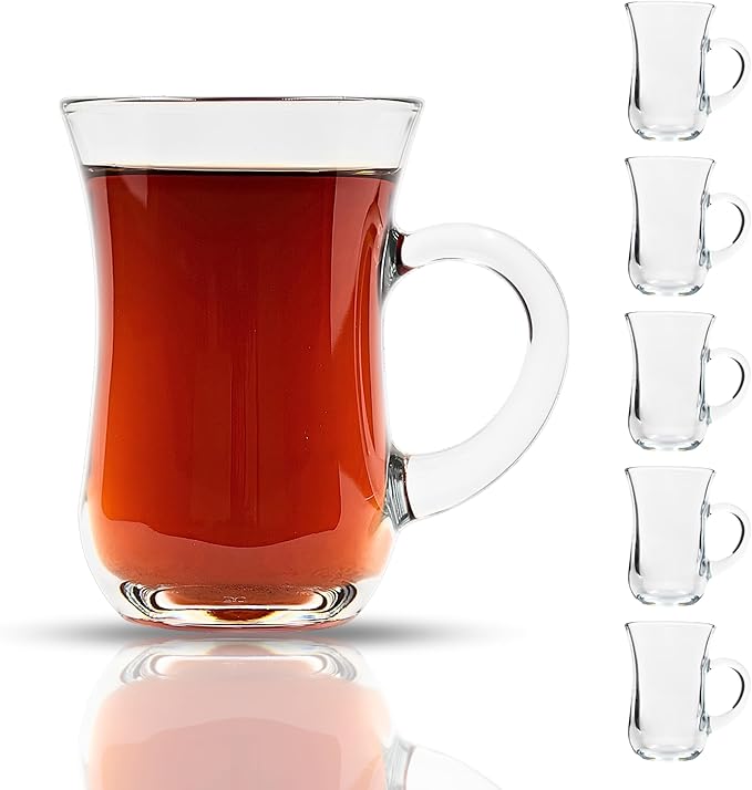 Turkish Tea Glasses With Handle - 12 pcs Tea Cups, Slim Waist Design and Thick Sole Prevent the Tea From Getting Cold, Capacity 145cc, 4 3/4 Oz, 2.5" x 4H