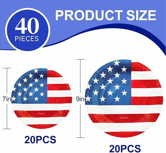 4th of July Plates, 40pcs Party Paper Plate Set Disposable 4th of july Party Food Dinner Dessert Plates Birthday Tableware Decorations Favors, Including 20pcs 9" and 20pcs 7" for 4th of july Plate