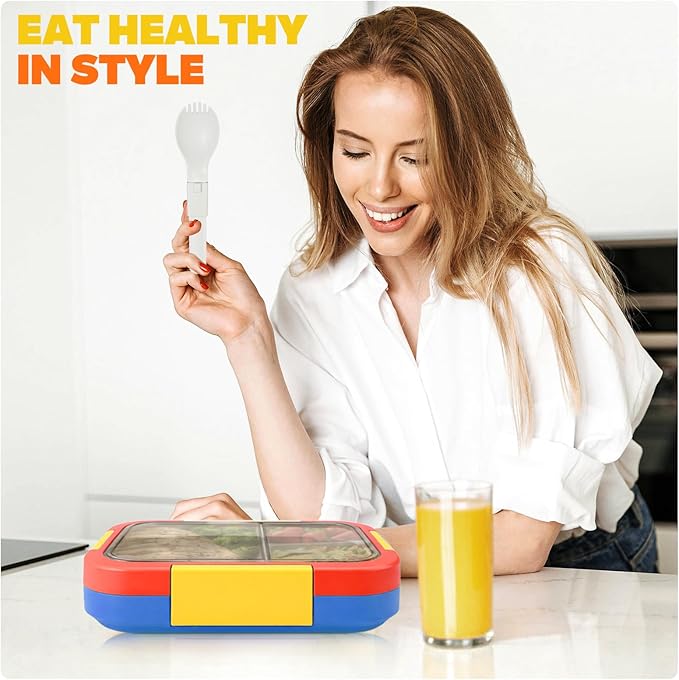 EASYFUN Bento Box Adult, Lunch Box, 4-Compartment Lunch Containers, Drop-Proof, Dishwasher Safe & Made with BPA-Free Materials (Red blue)