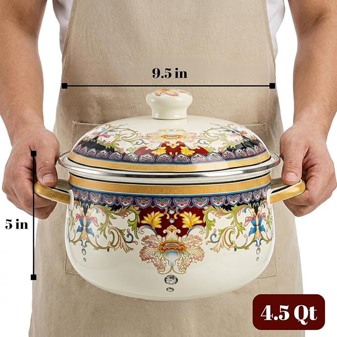 ZENFUN Kitchen Enamel Stockpot with Lid, 4.5 Quart Retro Flower Stew Bean Cooking Pot, Vintage Thicken Soup Pot with Handles, Nonstick, Safe for Induction Cookers, Gas Stove