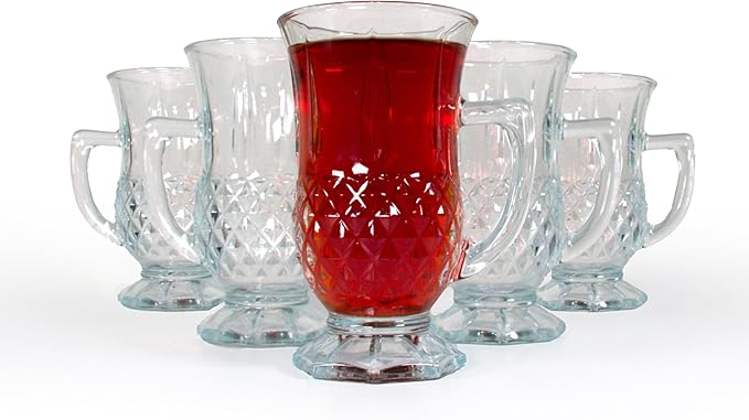 Footed Turkish Tea Glasses With Handle, Set of 6 Cups, Crystal Clear Tea and Latte Glasses, Slim Waist Design and Thick Sole Prevent the Drinks From Getting Cold, Dishwasher Safe, 5.5 oz