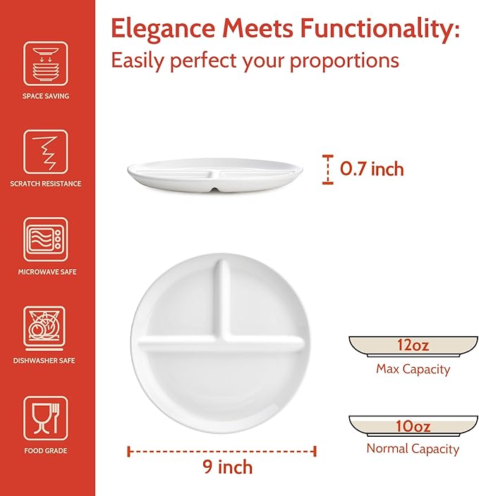 Sweese 9 Inch Porcelain Divided Dinner Plates Set of 2 – Encourage Healthy Eating with Portion Control Design, Durable, Microwave Dishwasher Safe, Ideal for