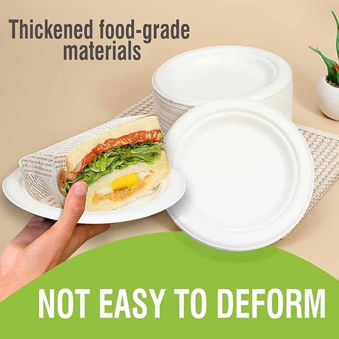 Disposable Small White Paper Plates 6 Inch - 100 Counts Heavy Duty Biodegradable Bagasse Plates, Compostable & Leak-Proof, Microwave Safe for Birthday Party Desserts, Appetizer, Snacks & Mini Cake