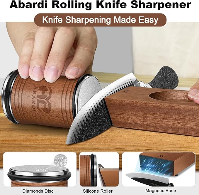 Abardi Rolling Knife Sharpener, Knife Sharpening with Diamonds Made Easy, Knife Sharpeners Kit with 15 & 20 Degree Magnetic Angle, Kitchen Gadgets Birthday Gifts for Men Dad Husband Fathers (Walnut)