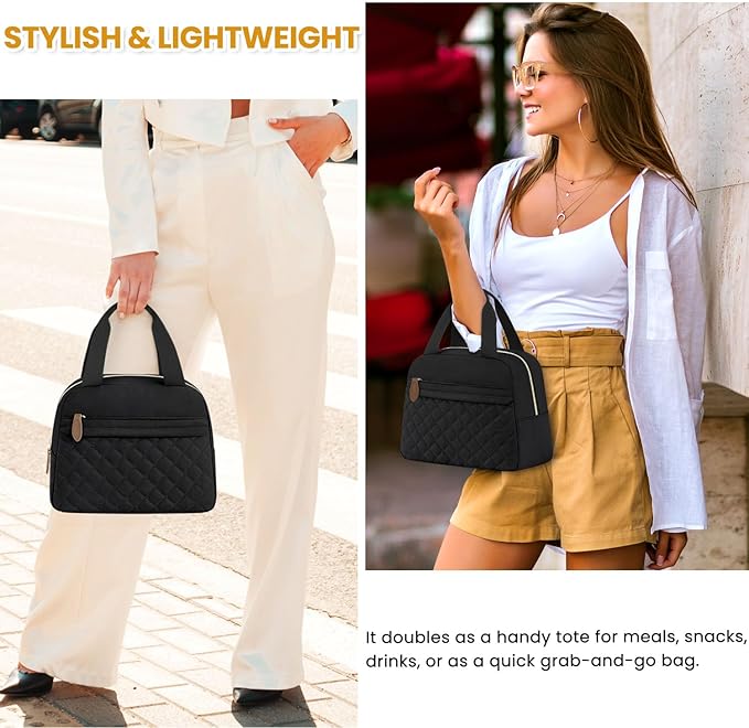 Insulated Lunch Bag for Women, Portable Lightweight Lunch Box for Adults, Reusable Small Lunch Tote Cooler Bags with Front Zipper Pocket for Work School Picnic(Black)