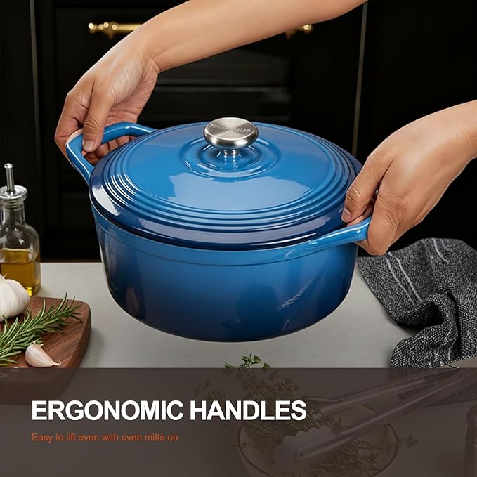 Overmont Enameled Cast Iron Dutch Oven - 5.5QT Pot with Wide Handles Lid Cookbook & Cotton Potholders - Heavy-Duty Pre-Seasoned Cookware Oven Safe to 500°F for Braising, Stews, Roasting, Bread Baking