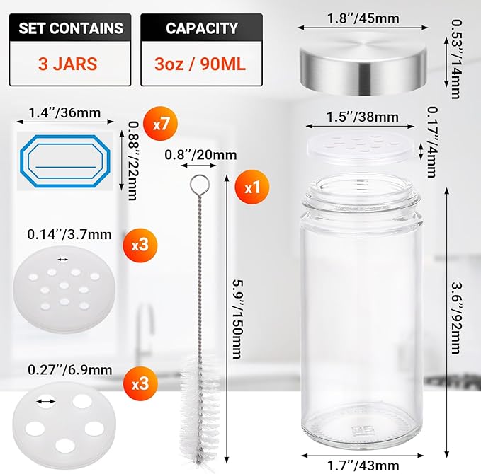 Segarty 3oz Spice Jar with Stainless Steel Shaker Lids, 3 Pack 90ml Round Spices Jars for Salt and Pepper Storage, Small Glass Seasoning Container Set, Empty Spice Shakers with 7 Stickers and 1 Brush