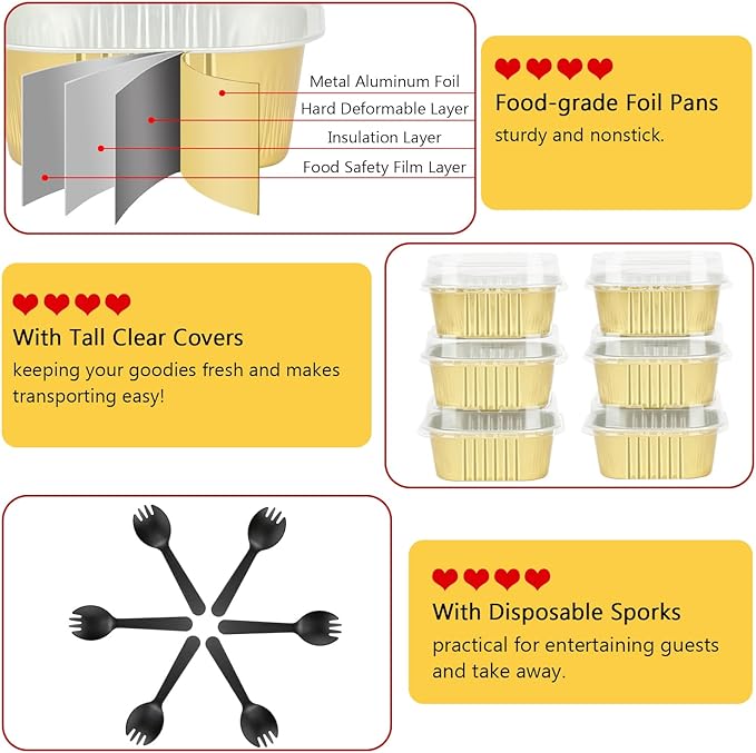 LNYZQUS Large Cupcake Liners Aluminum Pans With Lids 40 Pack, Square 10oz Small Cake Muffin Tin,Disposable Ramekins Baking Pan Containers For Brownie Mini Cake Bread Dessert-Gold