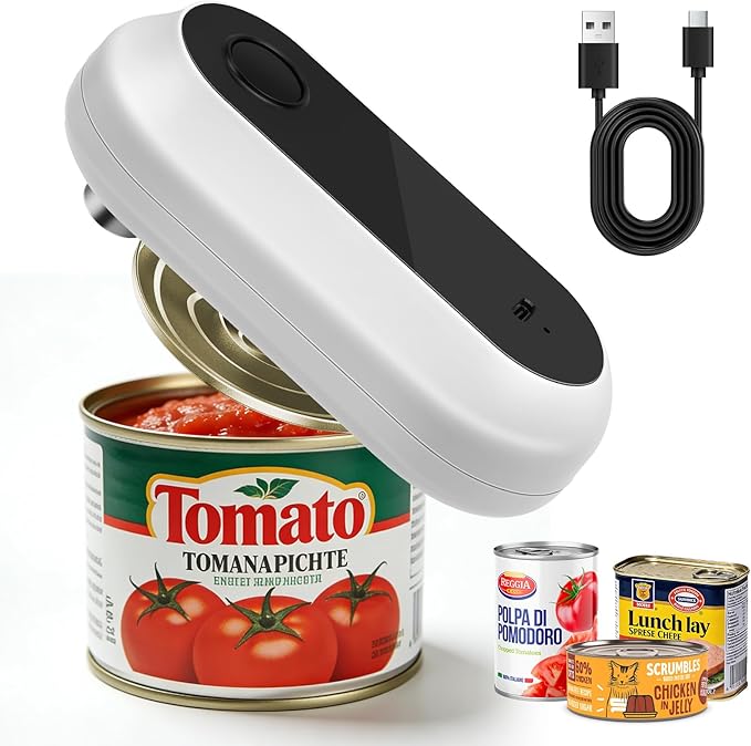 Electric Can Opener,Rechargeable One Touch Side Cut Opener for Seniors Fits Almost All Can Sizes,Smooth Edge, Handfree, Wall Mounted Small Size(White)