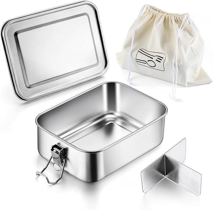 E-far Stainless Steel Lunch Box, 49oz Metal Bento Box Lunchbox w/Leak Proof Lid, 1400ml Medium Food Container w/Removable Divider & Bag, Reusable 3-Compartment Bento Lunch Container for Camping Picnic