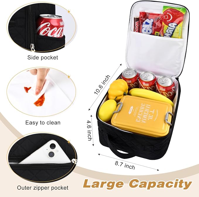 Aileam Lunch Box for Women Black Lunch Bag Quilted Reusable Insulated Cute Lunch Box Aesthetic Tote Bags Floral Cotton Lunch Case for Travel Work Picnic (Black)