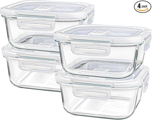 Square Glass Containers with Lids 24oz - Borosilicate Glass Food Storage Set 3 Cup, Freezer Safe Meal Prep Containers, Sandwich Lunch Box, Yogurt Cereal Bowls with Vented Lids BPA Free 4 Pack