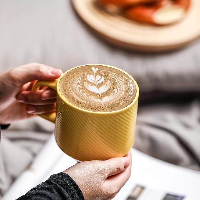 Stackable Coffee Mugs with Rack: 13 oz Stacking Ceramic Cups with Stand - Porcelain Stacked Tea Mug Set of 4 (Light Yellow)