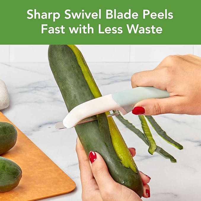 Tovolo Vegetable Peeler with Ultra Sharp Stainless Steel Swivel Blade Non Slip Handle, Multi Functional Dishwasher Safe Kitchen Wide Ribbon Potato Peeler for Fruit Veggies Carrots Apples, Blue Haze