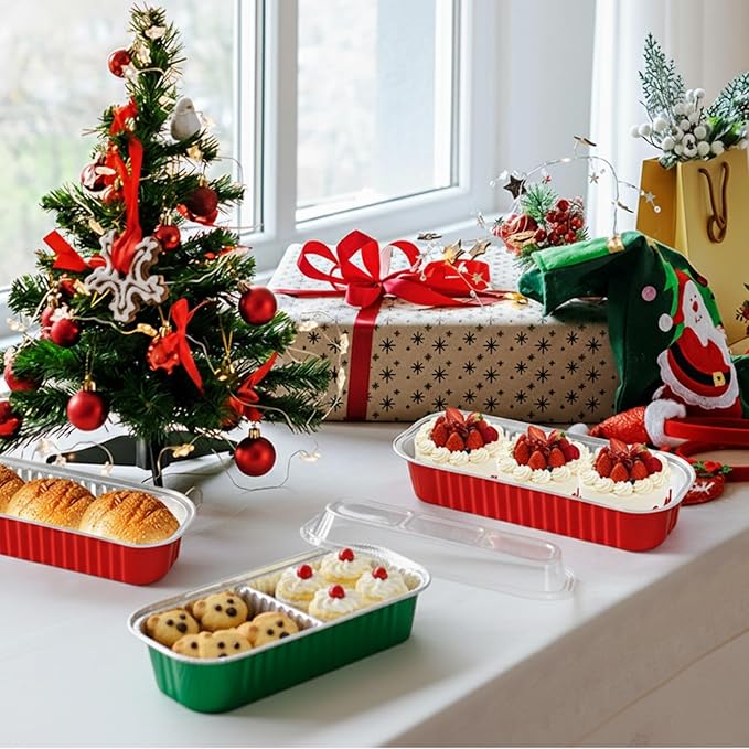 30 Pack 6.8oz Christmas Green Disposable Rectangular Aluminum Foil Mini Loaf Pans with Lids,Mini Cake Pans for Baking, Loaf Baking Pans, Small Containerfor for Patrick’s Day Party