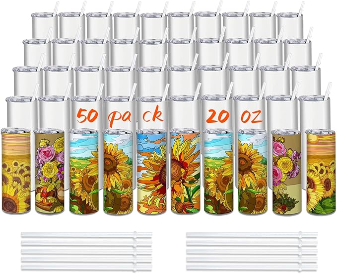 50 Pack Sublimation Tumblers Bulk 20oz, Sublimation Blanks Skinny Straight with Lids and Straws Bulk, Stainless Steel Double Wall Polymer Coating for Heat Transfer Customized Gifts