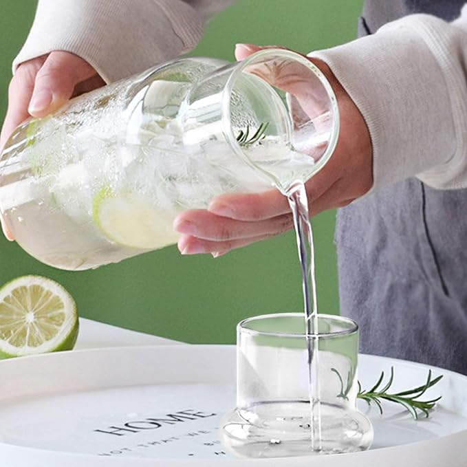 hjn Glass Pitcher Water Carafe with Cup Lid, Fridge Water Jug Cold or Hot Beverages, Iced Tea, Milk, Juice 830ml/28oz & clear cup lid (Glass Pitcher-Green cup lid)