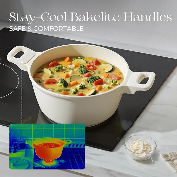 PRICUSIS Ceramic Nonstick Stock Pot with Silicone Rim Glass Lid, 4.5/7QT Soup Pot Casserole, Cooking Pot, Induction Compatible, Dishwasher Safe, Ideal for Pasta & Stews, PTFE PFOA Free, Coconut White