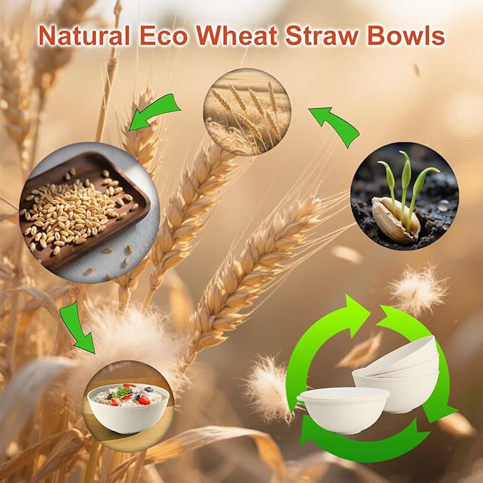 Wrova Wheat Straw Bowls with Lids Set of 4, Unbreakable Cereal Bowls 40oz, Microwavable Salad Container for Lunch Alternative to Plastic Bowl, Dishwasher Safe Bowl for Kitchen & Outdoor-Beige